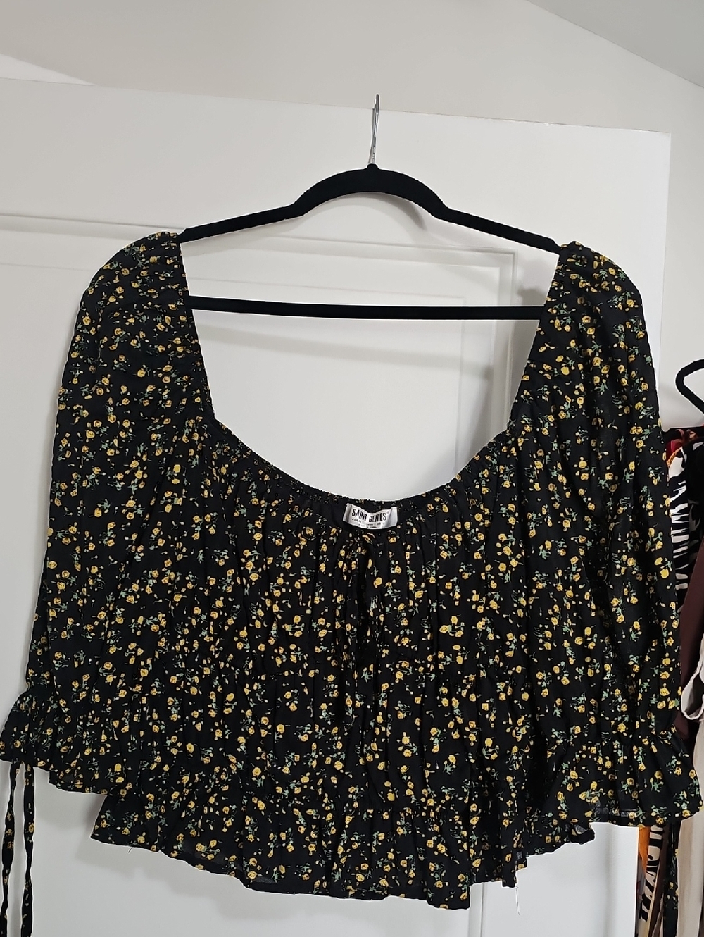 Smocked Floral Peasant Top - Black/Yellow